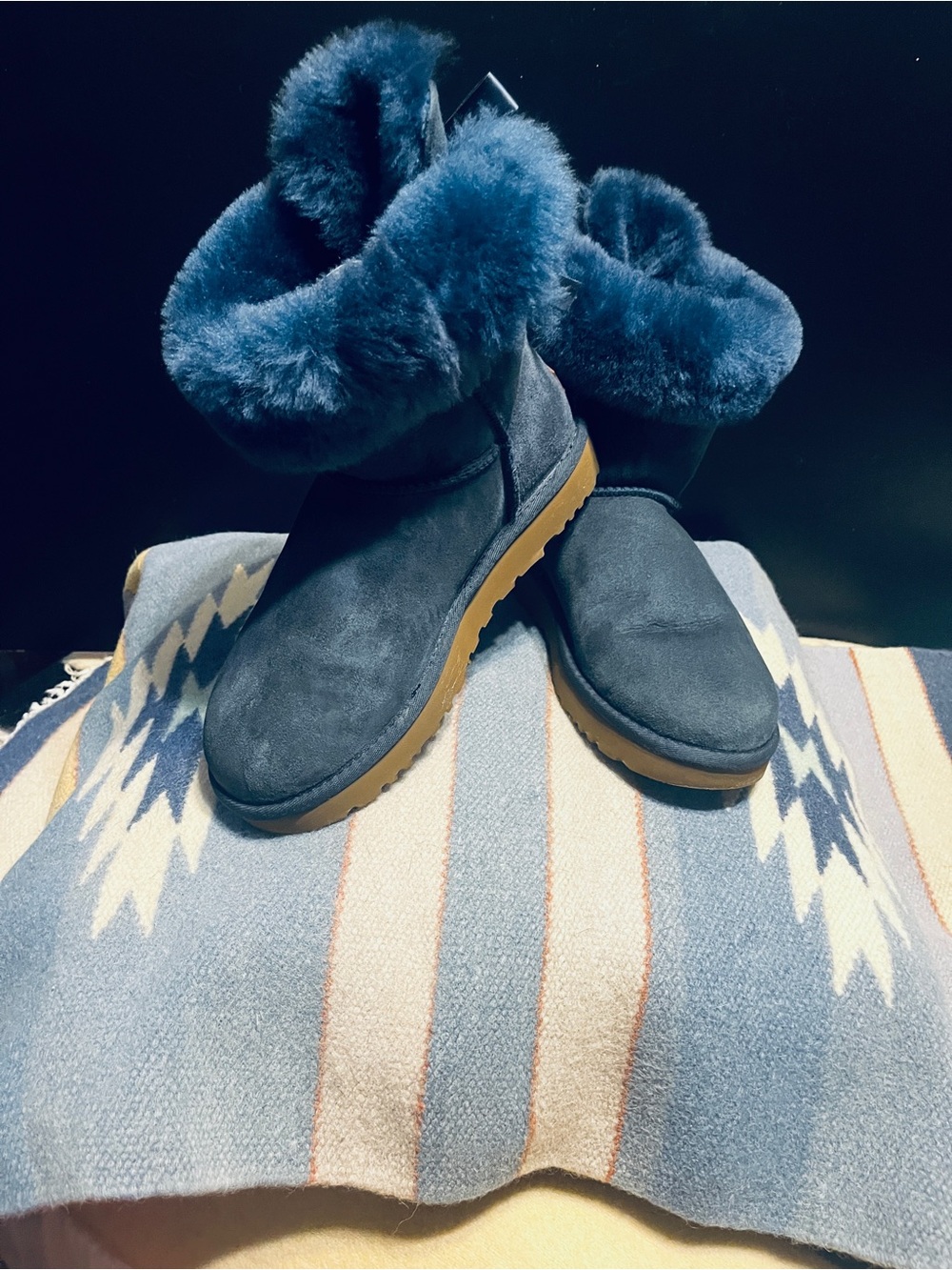 UGG Navy Fold-Over Shearling Bootie with Tan Sole so cute!